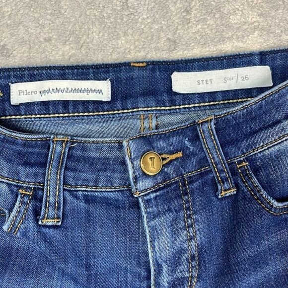 Pilcro & the Letterpress Stet Whiskered Blue Denim Jeans Crop Straight Sz 26 - Picture 7 of 11